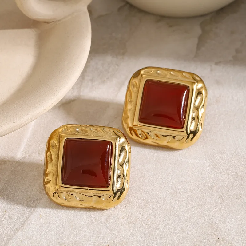 Vintage Red Stone Stud Earrings